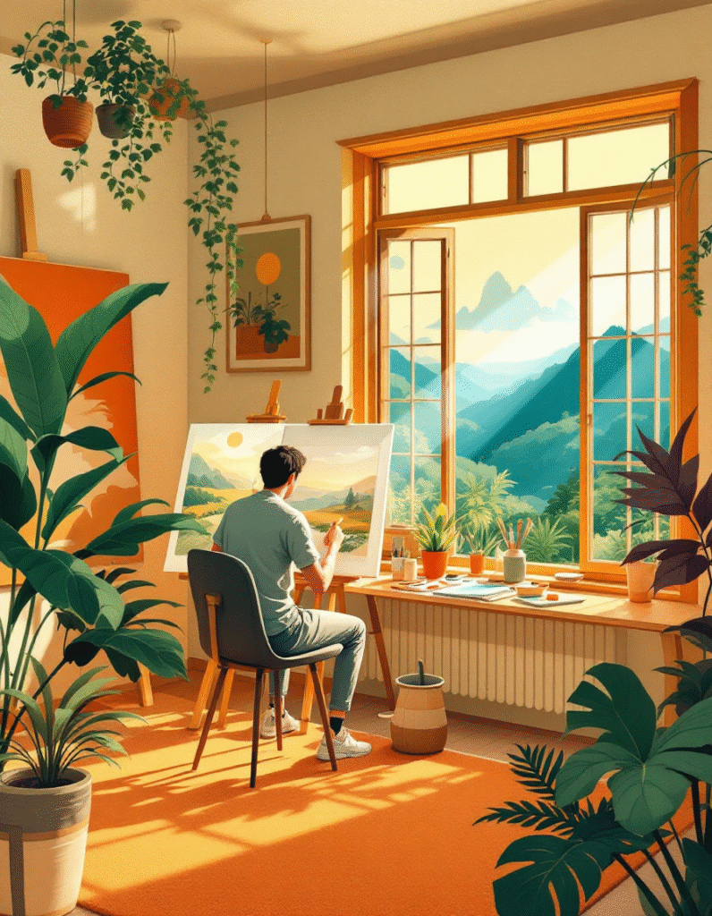 artist painting by window