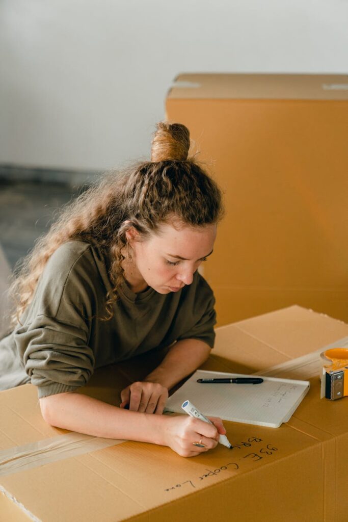 Tools Don't Replace Talent adult woman signing cardboard box with marker in flat